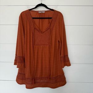 Daniel Rainn Women’s 1X Rust Copper Boho Tassel Lace Romantic Plus Size Top